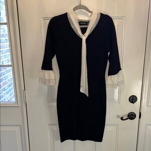 Nina Leonard Black Dress with White Ruffle Sleeves